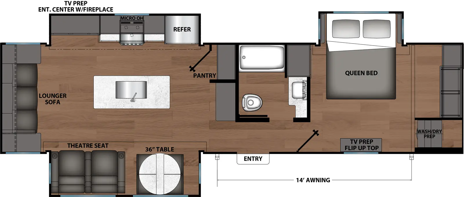 The Shasta 33RLTS floorplan has one entry and three slide outs. Exterior features include: metal exterior and 14' awning. Interiors features include: kitchen island, front bedroom and rear living.
